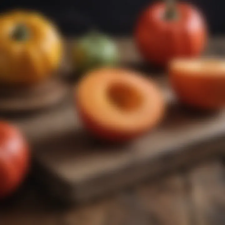 Vibrant red kuri squash on a rustic wooden table