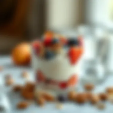 A decadent dessert featuring yogurt mousse layered with almonds and fruits, highlighting a sweet indulgence.