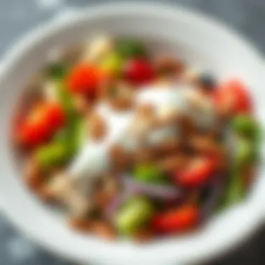 A vibrant salad featuring yogurt dressing and almond slivers, illustrating a refreshing side dish.