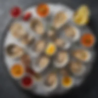 An artistic representation of oysters paired with various condiments and garnishes, emphasizing flavor combinations.