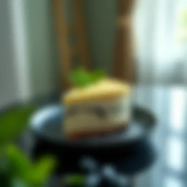 Garnished Elegance: Elevating Banana Cheesecake Aesthetics An elegant presentation of banana cheesecake garnished with mint leaves