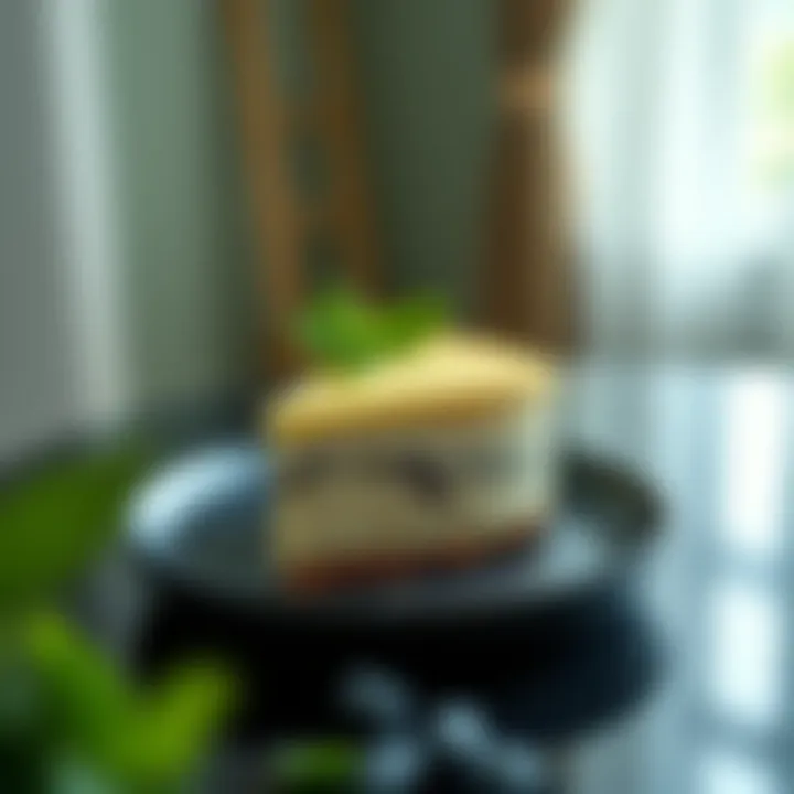 Garnished Elegance: Elevating Banana Cheesecake Aesthetics An elegant presentation of banana cheesecake garnished with mint leaves