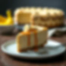 A beautifully plated slice of banana cheesecake with a smooth texture and caramel drizzle