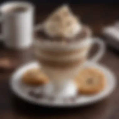 An elegant coffee cup filled with cookies and cream coffee syrup, topped with whipped cream and chocolate shavings