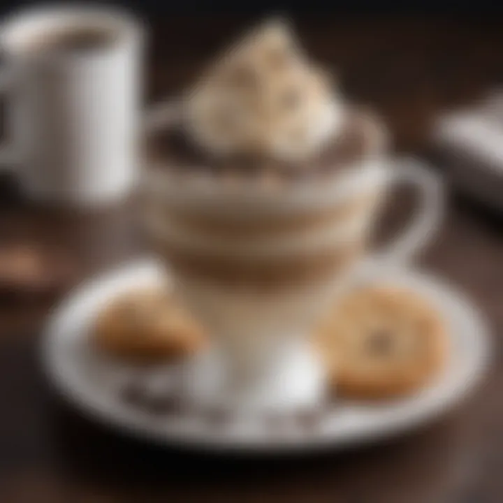 An elegant coffee cup filled with cookies and cream coffee syrup, topped with whipped cream and chocolate shavings