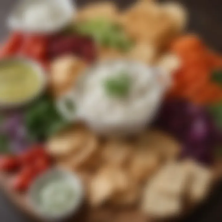 A vibrant spread of assorted goat cheese dip variations accompanied by fresh vegetables and crackers.