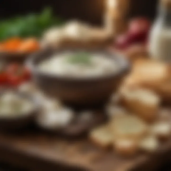 A rustic kitchen scene with fresh ingredients used to prepare goat cheese dip, emphasizing authenticity and flavor.