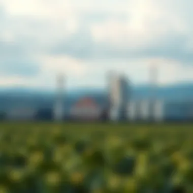 Scenic Brewery and Hops Field A scenic brewery landscape with hops fields in the background.