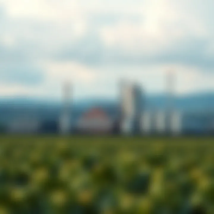 Scenic Brewery and Hops Field A scenic brewery landscape with hops fields in the background.