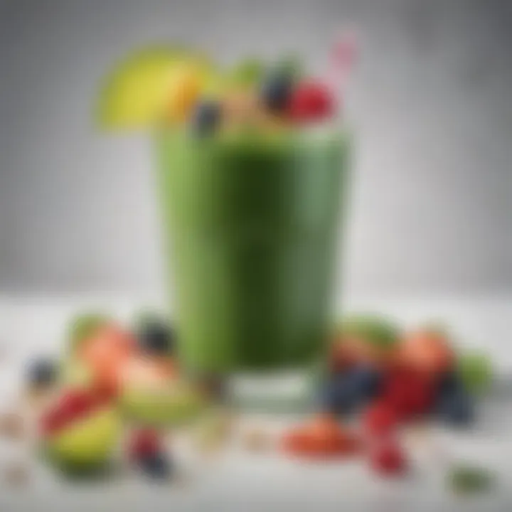 A close-up of a green smoothie with vibrant toppings