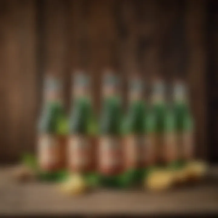 An artistic display of Bold Canada Dry Ginger Ale bottles arranged against a rustic wooden backdrop, highlighting its branding.