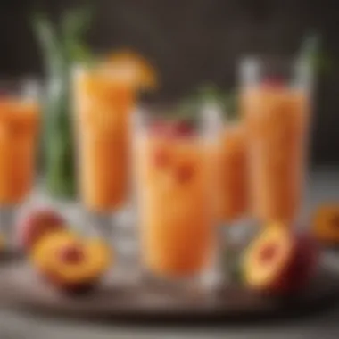 A beautifully arranged table with various peach soda cocktails and garnishes.