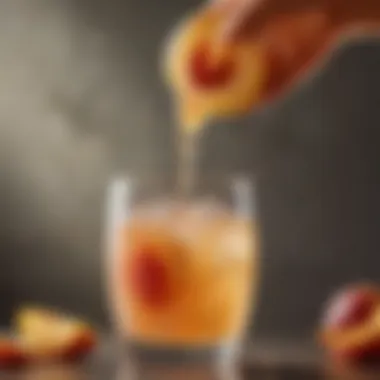 Peach soda being poured into a vintage glass with a slice of peach on the rim.