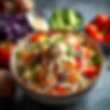 A vibrant bowl of fresh coleslaw topped with a drizzle of whole foods dressing