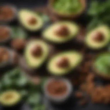 An assortment of keto-friendly ingredients including avocados, nuts, and leafy greens