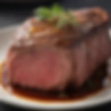 A close-up view of marinated beef in a ceramic dish