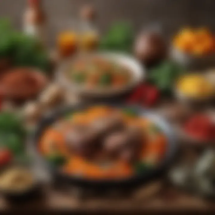 A rustic table adorned with spices and vegetables for Sauerbraten