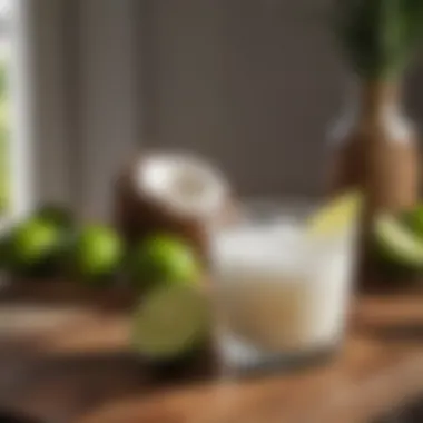 Fresh Ingredients for Coconut Margarita Fresh coconuts and limes on a wooden table ready for cocktail making