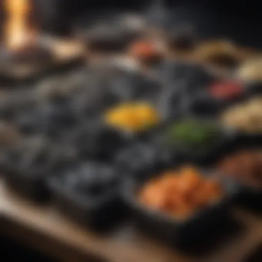 Different types of hibachi coal displayed in a rustic setting