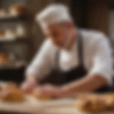 Artisan baker shaping dough for pain au chocolat with precision