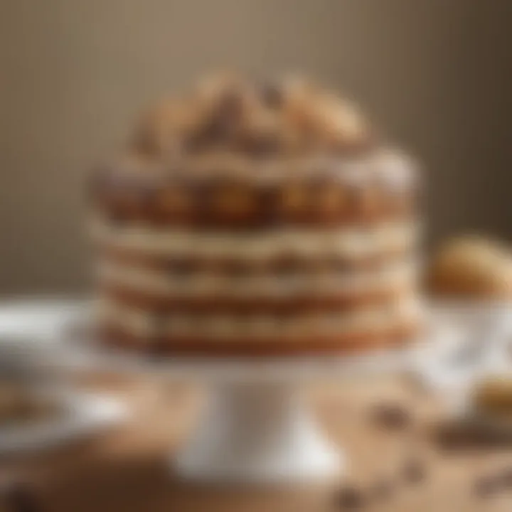 Layered cake showcasing cookie dough frosting and chocolate chips