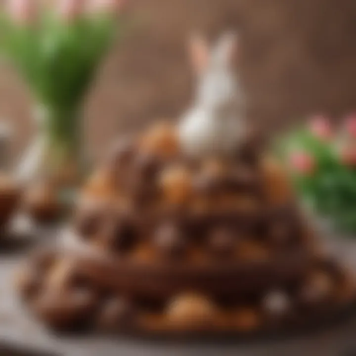 A beautifully crafted dessert featuring mini chocolate Easter bunnies as a centerpiece.