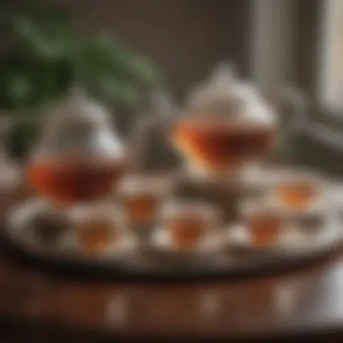 Elegant Tea Set Display A beautifully arranged tea set with an elegant teapot and cups, accompanied by tea leaves.