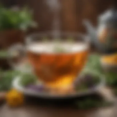 Herbal Tea with Fresh Ingredients A close-up of a steaming cup of herbal tea surrounded by fresh herbs and flowers.