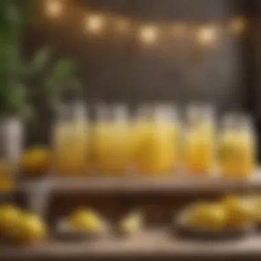 A beautifully arranged table featuring jars of lemonade with intricate decorations