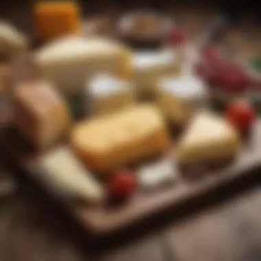 A selection of gourmet cheeses on a rustic wooden board