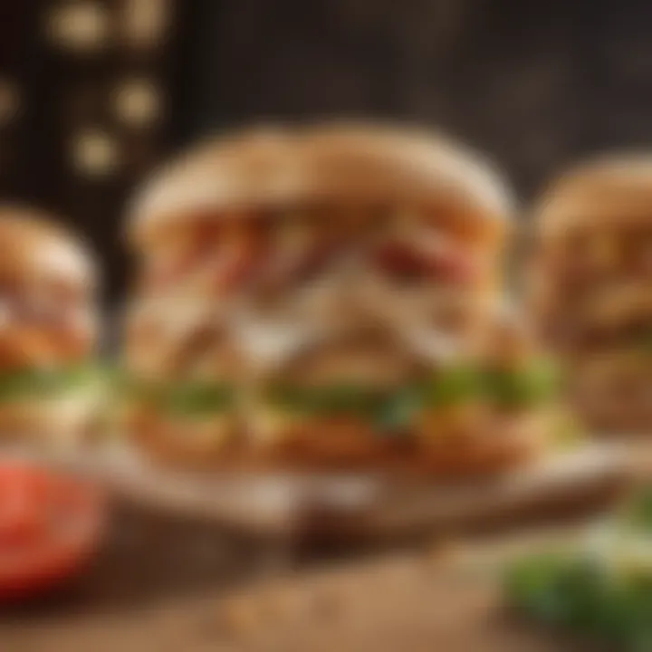 A vibrant display of gourmet chicken sandwiches layered with fresh toppings