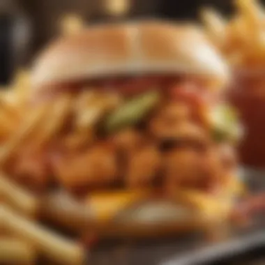 An enticing close-up of a spicy chicken sandwich with a side of fries