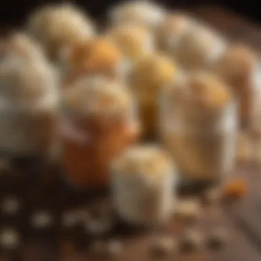 An assortment of popcorn salt varieties displayed in jars on a wooden table.