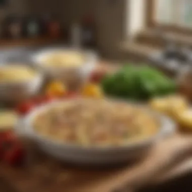Ingredients for the Perfect Tuna Casserole An array of essential ingredients for tuna casserole spread on a wooden kitchen table