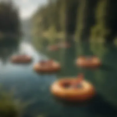 Group of whimsical rafts floating on a lake