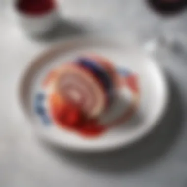 Elegantly Plated Red White and Blue Jelly Roll The finished dessert elegantly plated with garnishes