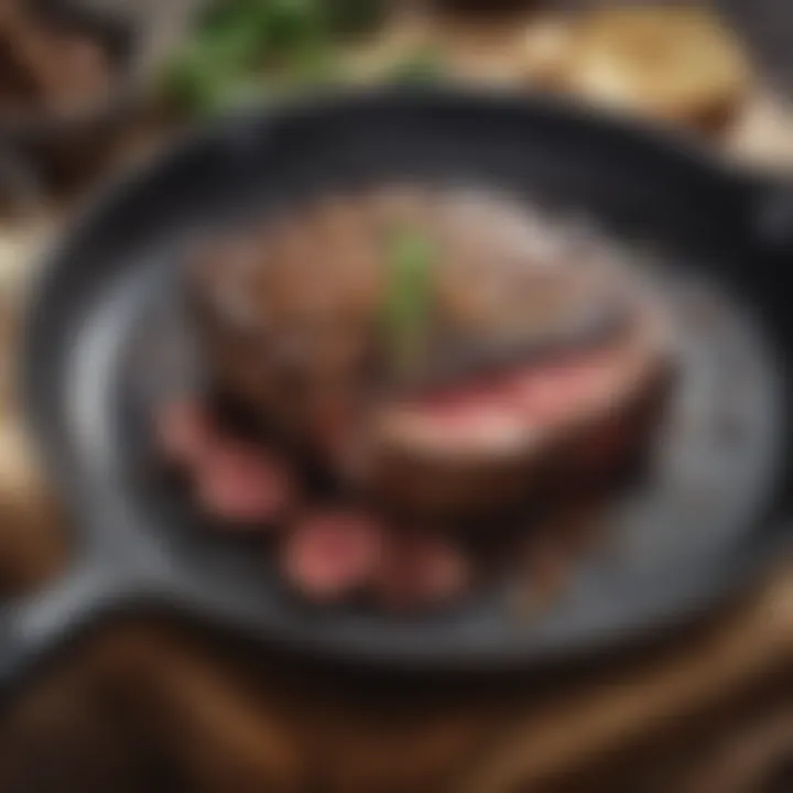 A cast iron pan showcasing a perfectly seared steak