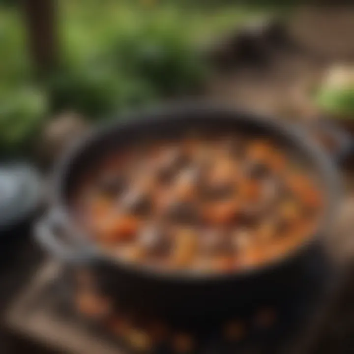 A rich and hearty stew bubbling away in a cast iron Dutch oven