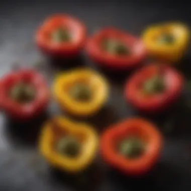 A close-up of roasted peppers being drizzled with olive oil and spices