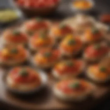 A rustic table setup featuring roasted pepper appetizers with dipping sauces