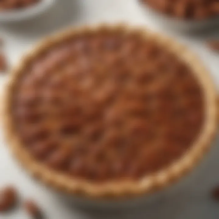 A close-up view of the sumptuous pecan pie filling revealing its rich, nutty texture