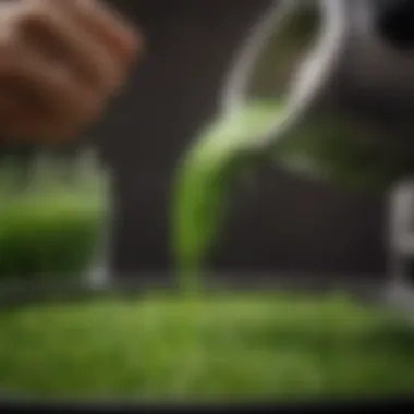 Close-up of fresh wheatgrass being juiced to highlight the extraction process