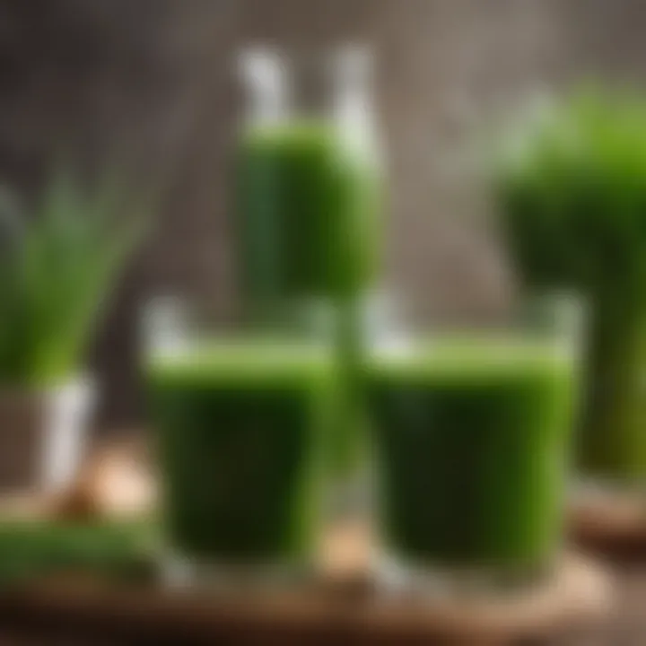 An array of wheatgrass juice in glass containers, illustrating the health benefits