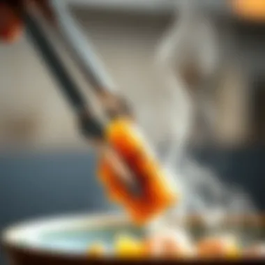 Precision in Grasping Long skinny tongs grasping a delicate piece of food