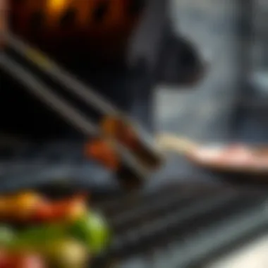 Mastering the Grill Close-up of long skinny tongs interacting with a grill surface