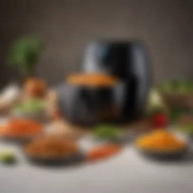 An air fryer with a variety of crispy vegetables and snacks displayed.