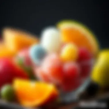 A vibrant assortment of various frozen fruits in a decorative cup, showcasing freshness.