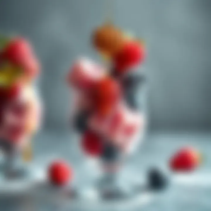 A close-up of frozen berries drizzled with honey, elegantly presented in a clear cup.