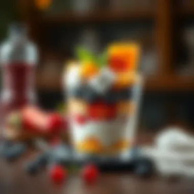 An artistic arrangement of a fruit parfait layered with frozen fruit in a chic cup.