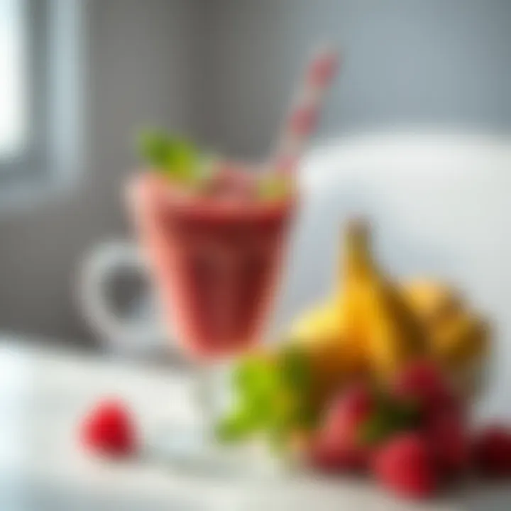 An enticing fruit smoothie made with frozen fruit, served in a stylish cup, garnished with mint.